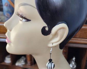 black and white stripes big bead drop earrings, dangles handmade boho jewelry
