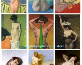 nude women paintings pinup girls collage sheet 2.5 x 3.5 inch aceo images clipart graphics digital download erotica printables