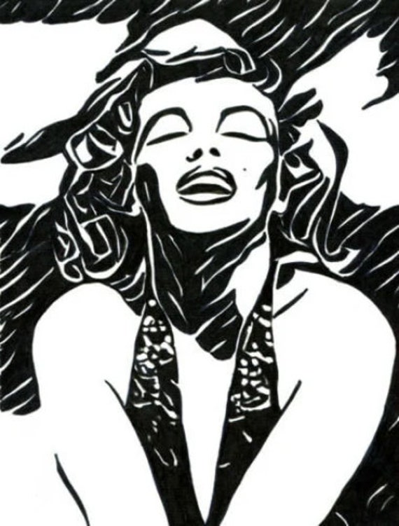 woman sun bathing, blonde Pinup Girl art, face portrait abstract pen ink original art drawing black & white artwork By Montana artist