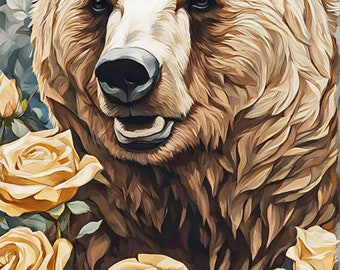 grizzly bear and roses printable art animal digital painting instant downloadable art print