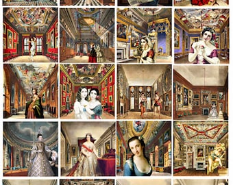 castle room interiors digital collage sheet renaissance victorian women clipart instant digital download 2 inch squares  art printable