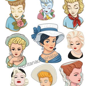 Könnte beinhalten: Eine Sammlung von neun Illustrationen im Vintage-Stil von Frauen mit Hüten. Jedes Porträt zeigt eine andere Frisur, Hutdesign und Farbpalette, darunter Blau, Rosa und Weiß. Die Frauen sind mit Perlen und Rosen geschmückt.