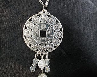 Chinese Zodiac pewter metal pendant necklace white onyx bead drop  silvertone chain jewelry