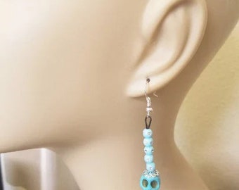 blue sugar skull earrings bead drops long dangles day of the dead jewelry