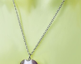 purple glass heart pendant necklace catseye silver chain handmade minimal jewelry