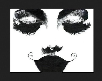 original art ink drawing womans face long lashes dark lipstick  makeup pop art By Elizavella