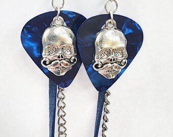 skull with mustache charm blue guitar pick earrings dangles handmade unisex music jewelry