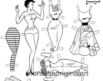 retro pinup girl paper doll set clothes printable clipart digital instant download coloring page muñequito