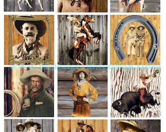 vintage cowboys cowgirls on wood rodeo collage sheet digital download 2.5" inch squares graphics images country western printables