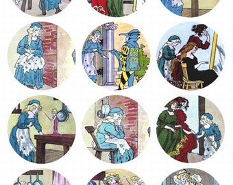 vintage cinderella art digital collage sheet 2.5" circles • fantasy fairytale book Art • digital  • Instant Download • printable art