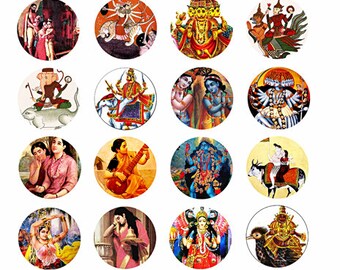 printable collage sheet, hindu krishna gods goddesses, women men, clipart, digital print, instant download, 1.5" inch circles