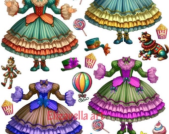 Victorian girl circus clown paper doll collage sheets cut outs png jpg Digital Clipart set printable crafts download