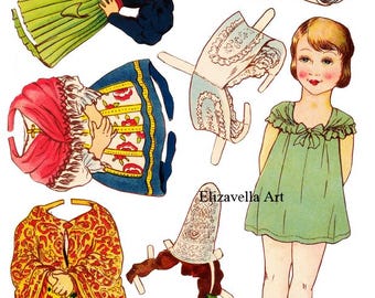 Little girl Paper Doll with dresses and hats kids crafts printable Digital paper toys download