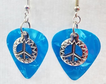 peace sign charm blue guitar pick earrings dangles handmade unisex music jewelry