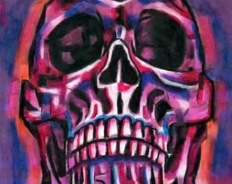 Eternal Ember red human skull abstract original art, oil pastels drawing, death calavera cubist original art drawing  by Elizavella