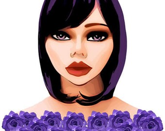 purple hair roses cartoon pinup girl printable art clipart png fashion digital image woman graphics instant downloads die cuts