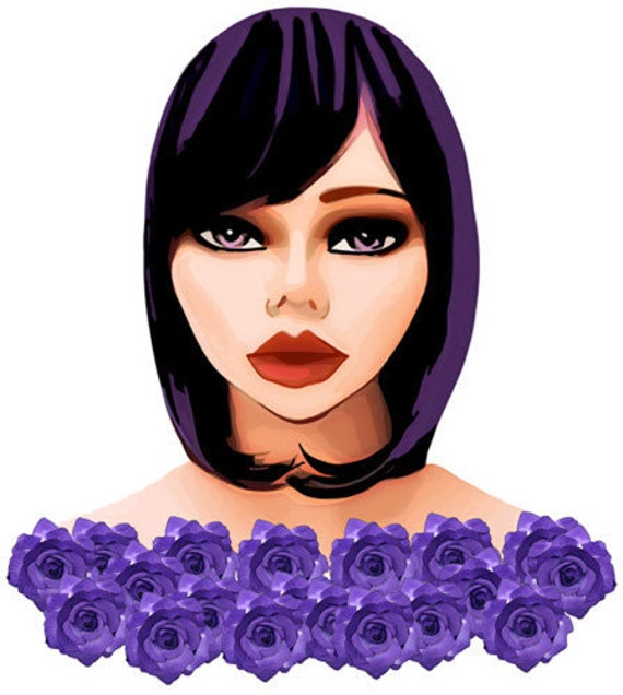 purple hair roses cartoon pinup girl printable art clipart png fashion digital image woman graphics instant downloads die cuts