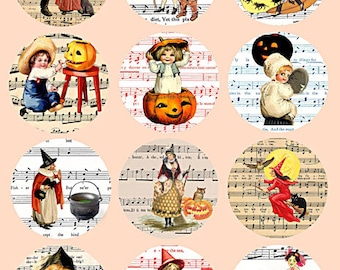 collage sheet Halloween 2.5 inch circles vintage postcard art clipart vintage sheet music digital download diy jewelry printables