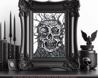Zombie Monster Tree art ink drawing, original horror art black & white illustration drawing Elizavella