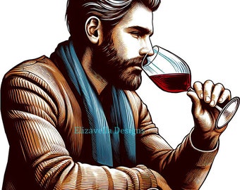 handsome man drinking wine png, wine glass png, wine printable art, clipart jpg color illustration instant download, digital print