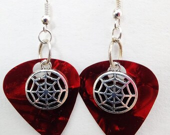 spiderweb charm red guitar pick earrings dangles handmade unisex music jewelry