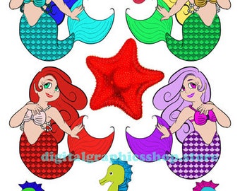 mermaid seahorse collage sheet, png, jpg, mermaid clipart printables,  die cuts cartoons  digital print, instant downloads