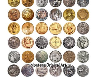 antique coins pictures, ancient money digital collage sheet download 1 inch circles printables