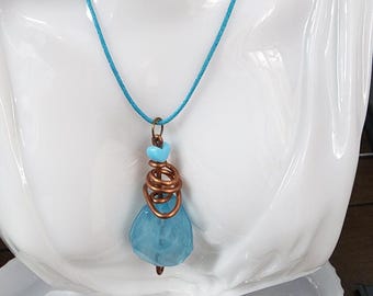 copper wire BIG BEAD blue cord NECKLACE  handmade chunky artsy jewelry