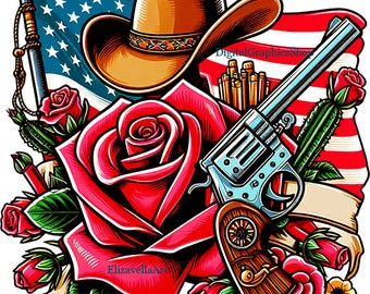 printable Patriotic USA flag png, patriotic art logo military vet clipart America Proud Logo jpg rose cowboy hat pistol western download
