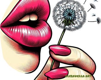 womans red lips dandelion flower png Womans mouth png clipart jpg printable makeup erotic wall art digital instant download