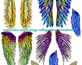 watercolor angel wings digital collage sheet wings clipart, jpg, png overlay printable art instant download