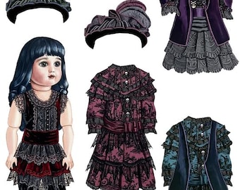 Goth Victorian baby doll girl paper doll with dresses and hats download Digital Printable Sheet Vintage style paper toys