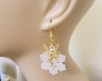 gold fairy earrings, white snowflake earrings, charm earrings, dangles, handmade, fantasy fairytale jewelry