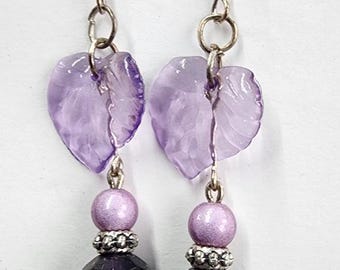 purple leaf glass bead drop earrings leaves charms handmade nature jewelry