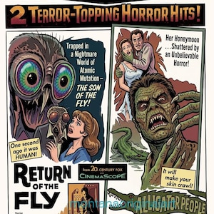 May include: A vintage movie poster for a double feature at the Base Line Drive-In. The poster advertises "2 Terror-Topping Horror Hits!" including "Return of the Fly" and "The Alligator People." The artwork features colorful illustrations of monsters and terrified people.