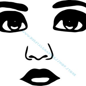 Rostro de mujer SVG, ojos grandes, labios, clipart, jpg, png, arte de pared imprimible, impresión digital, descarga instantánea, maquillaje, belleza, gráficos, imágenes