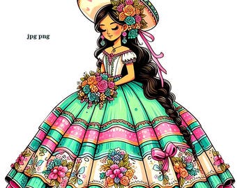 Mexican girl quinceanera png clipart, girl wearing sombrero hat png jpg Mexican girl portrait COLOR ILLUSTRATION art digital print download