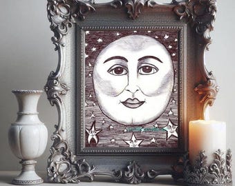 original art drawing happy moon man star faces celestial fantasy fairytale whimsical art gifts by artist Elizavella