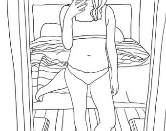 woman taking selfie in mirror, fashion, coloring page, printable art, instant download, digital print, line art