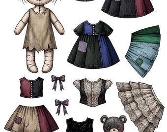 Goth rag doll girl paper doll with dresses download Digital Printable Sheet paper toys