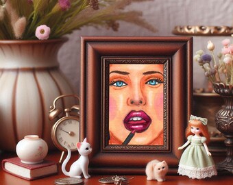 womans face red lipstick aceo atc original art drawing makeup beauty miniature portrait artwork By Elizavella
