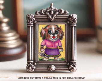 girl puppy dog WEARING pink dress original aceo art card atc drawing mixed media animal pets Miniature drawing