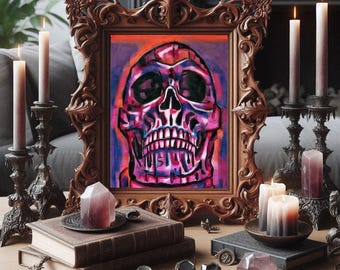 red skull abstract drawing, pastels drawing, abstract original art, death calavera cubist original art drawing  by Elizavella