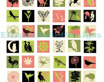 flowers plants bird silhouettes clipart instant download digital collage sheet 1" inch squares jpg image