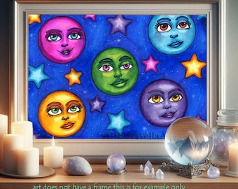 moon faces original art drawings markers fantasy celestial fairytale pen ink artwork Elizavella