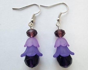 purple flower big bead drop earrings long dangles acrylic glass handmade jewelry