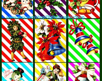 Vintage Christmas art, digital collage sheet, instant download, 2.5" x 3.5" aceo images, animals, children, candy cane stripes, printables
