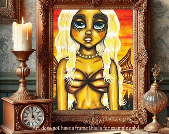 Mermaid original art print Aurelian Enigma Golden Dragon big eye fantasy fairytale big eyes girl By Elizavella