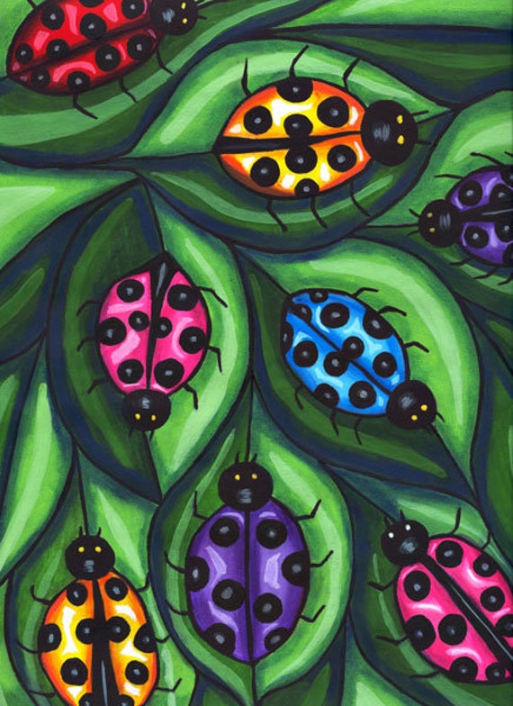 Ladybugs On Leaves ladybug art print insects original drawing animals nature kids room nusery home decor colorful artwork
