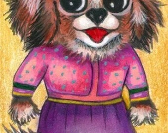 girl puppy dog pink dress original aceo art card atc drawing mixed media animal pets